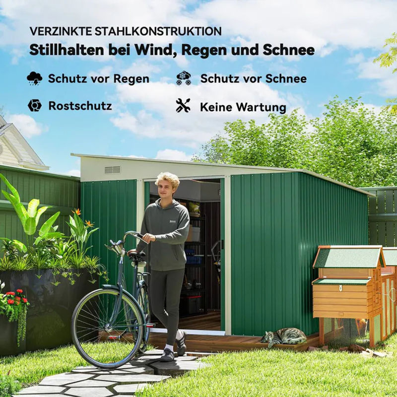 Outsunny Metall Gerätehaus in Grün mit Pultdach und Schiebetür, wetterfester Geräteschuppen aus Stahl, B/T/H: 280 x 345 x 201 cm - Bild 6