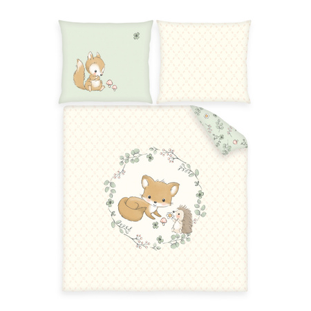 Herding Baby Wende-Bettwäsche mit Fuchs, Igel und Pilz Motiven in Beige und Multicolour, Set bestehend aus Bettbezug 80 x 80 cm und Kissenbezug 35 x 40 cm
