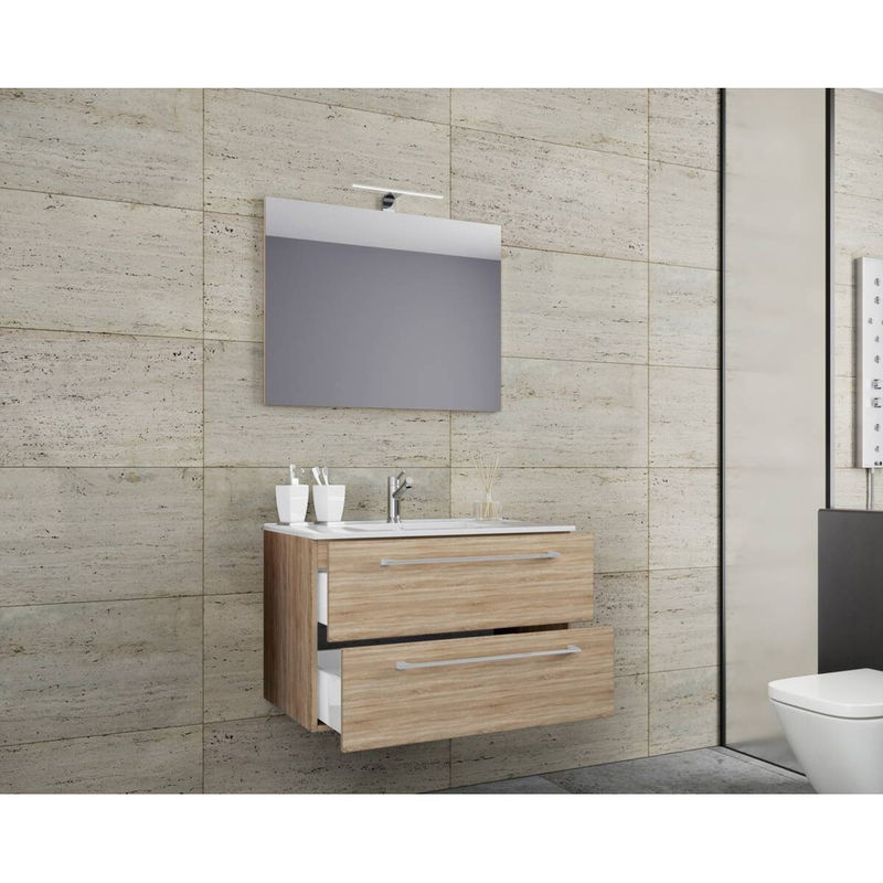 VCM Badinos 3-tlg. Waschplatz Set mit Waschtisch, Unterschrank und Spiegel in Eiche, B/H/T: 80 x 67 x 46 cm - Bild 3