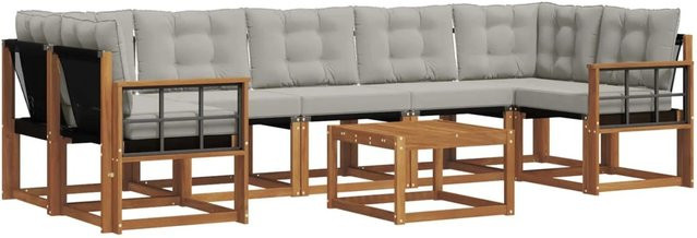 vidaXL Outdoor-Sofagarnitur 8-teilig L-Form aus Akazienholz mit Textilene und Kissen in Braun und Grau - Bild 1