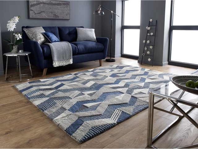 Strapazierfähiger Wollteppich ESK Kadima Design in Blau mit Schraffuren, B: 160 cm, L: 230 cm - Bild 1