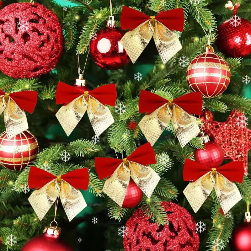 60er Set rote Stoffschleifen mit Schriftzug als hängende Weihnachtsdekoration für den Weihnachtsbaum in Rot und Silber - Bild 6