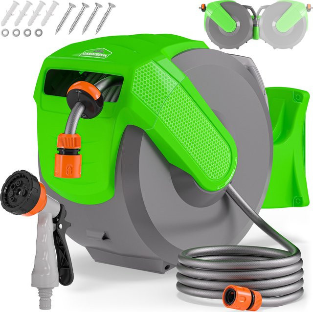 GARDEBRUK Wasserschlauchaufroller mit Schlauchspritze und Handbrause, automatische Schlauchtrommel, Mehrfarbig, 20 m Schlauch plus 2 m Zuleitung - Bild 1