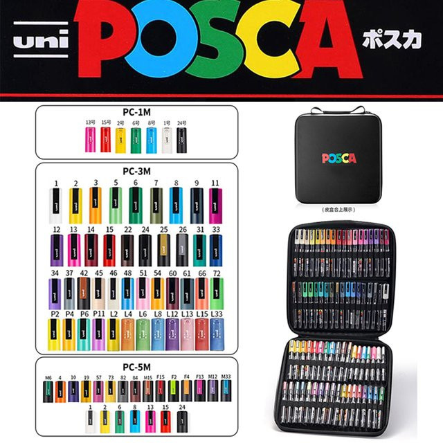 Uni POSCA Marker Set mit Aufbewahrungstasche, Acrylmarker für Kunstbedarf, Schwarz - Bild 1