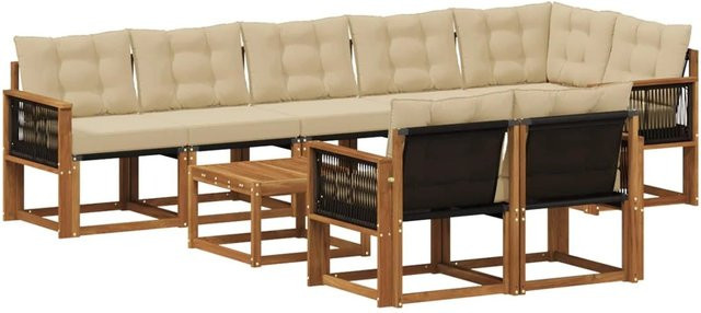 vidaXL Outdoor-Sofagarnitur L-Form aus Akazienholz mit 9 Textilene-Kissen in Natur-Beige - Bild 1