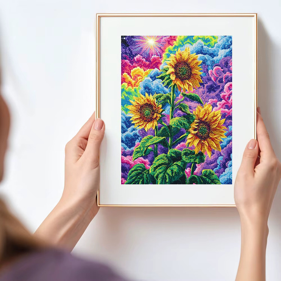 Huacan Diamantmalerei Sonnenblume Sternenhimmel Blumenlandschaft als Diamantmosaik in Mehrfarbig, B/H: 20 x 30 cm - Bild 3