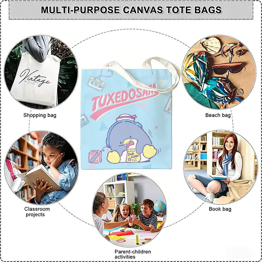 Wiederverwendbare Canvas Tragetasche mit Cartoon T-Tuxedo Motiv in Weiß für Schule und Alltag - Bild 5