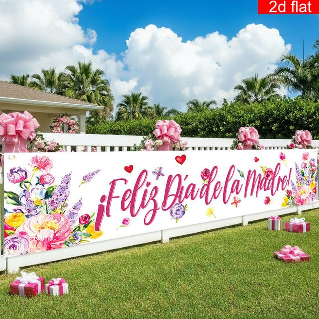 VIKAMA Spanischsprachiges Muttertags-Partybanner mit Blumen und Schmetterlingen, Mehrfarbiges Hintergrundtuch für den Außenbereich, B: 180 cm, H: 35 cm - Bild 1