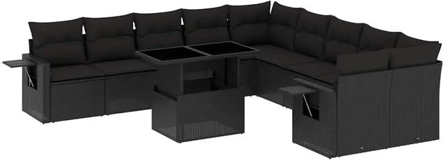 vidaXL 11-tlg. Garten-Sofagarnitur aus Poly-Rattan mit Kissen in Schwarz - Bild 1