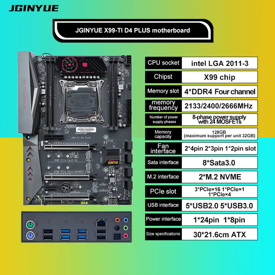 JGINYUE X99-TI D4 PLUS Motherboard-Kit mit Intel Xeon E5 2690 V4 CPU, LGA 2011-3, DDR4, ECC, M.2 NVMe und USB-C, Schwarz - Bild 5