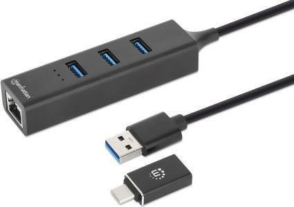 Manhattan 3-Port USB 3.0 Typ-C und Typ-A Kombo-Hub mit Gigabit Ethernet-Netzwerkadapter, 5 Gbit/s SuperSpeed USB 3.2 Gen 1, Schwarz - Bild 1