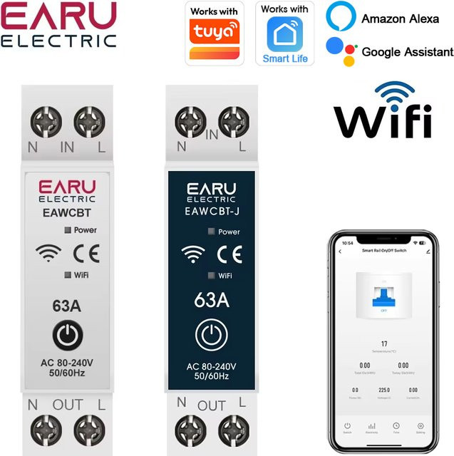 EARU Tuya MCB WiFi Intelligenter Schutzschalter mit Energie-KWh-Spannungs-Strommessgerät und Zeitrelais in Weiß - Bild 1