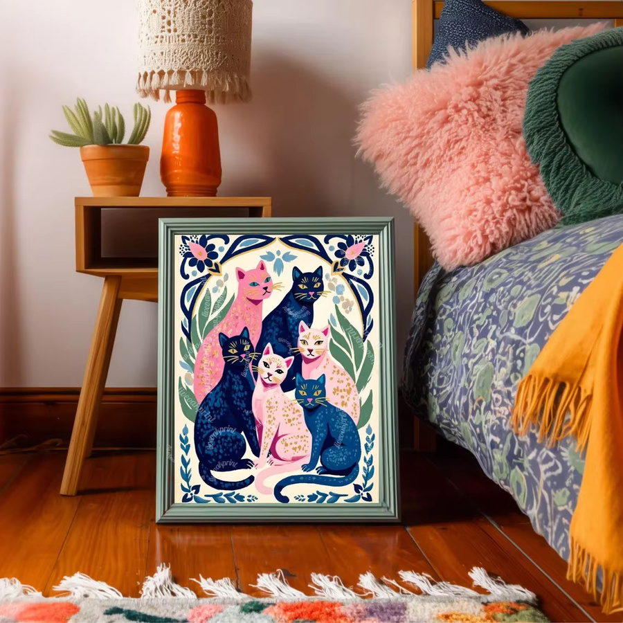 Moderner Katzen-Kunstdruck von SHENCHEN in Pink, Blau und Multicolour als rechteckiges Wandposter aus Papier - Bild 3