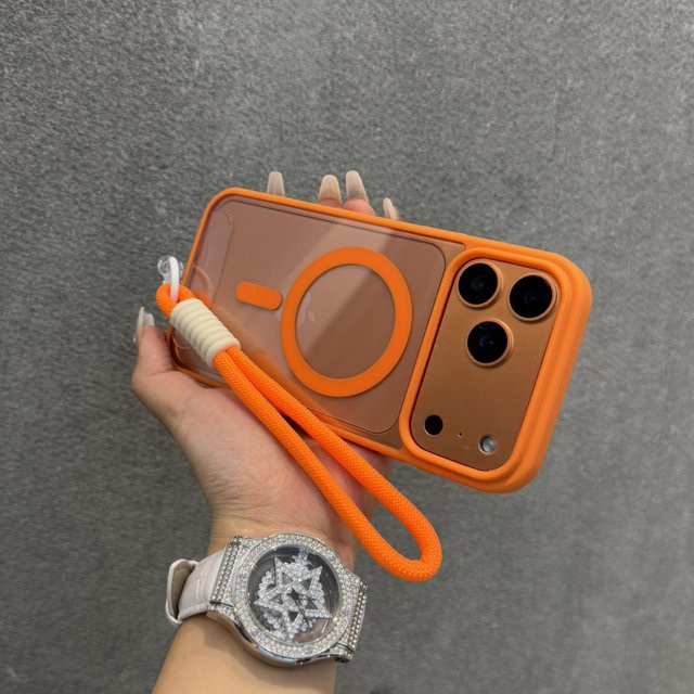Stoßfeste transparente Handyhülle mit Trageband und magnetischer kabelloser Ladefunktion für Apple iPhone 17, 16, 15, 14, 13 Pro Max in Pink und Orange - Bild 1