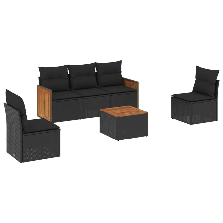vidaXL 6-teilige Garten-Sofagarnitur aus Poly-Rattan und Akazienholz in Schwarz mit Kissen - Bild 2