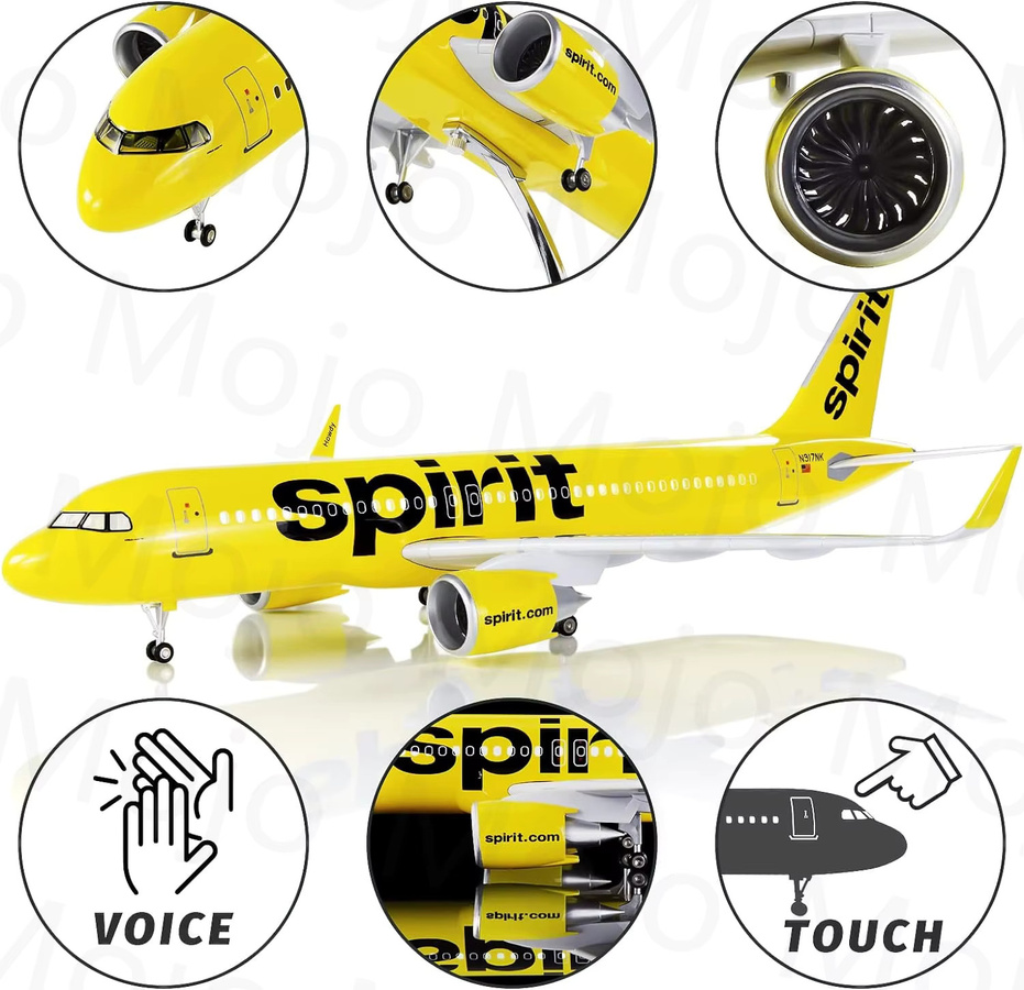 ZOCO Spirit Airlines A320 NEO Flugzeug-Spielzeugmodell, Harz, mit Rädern & LED-Licht - Bild 2