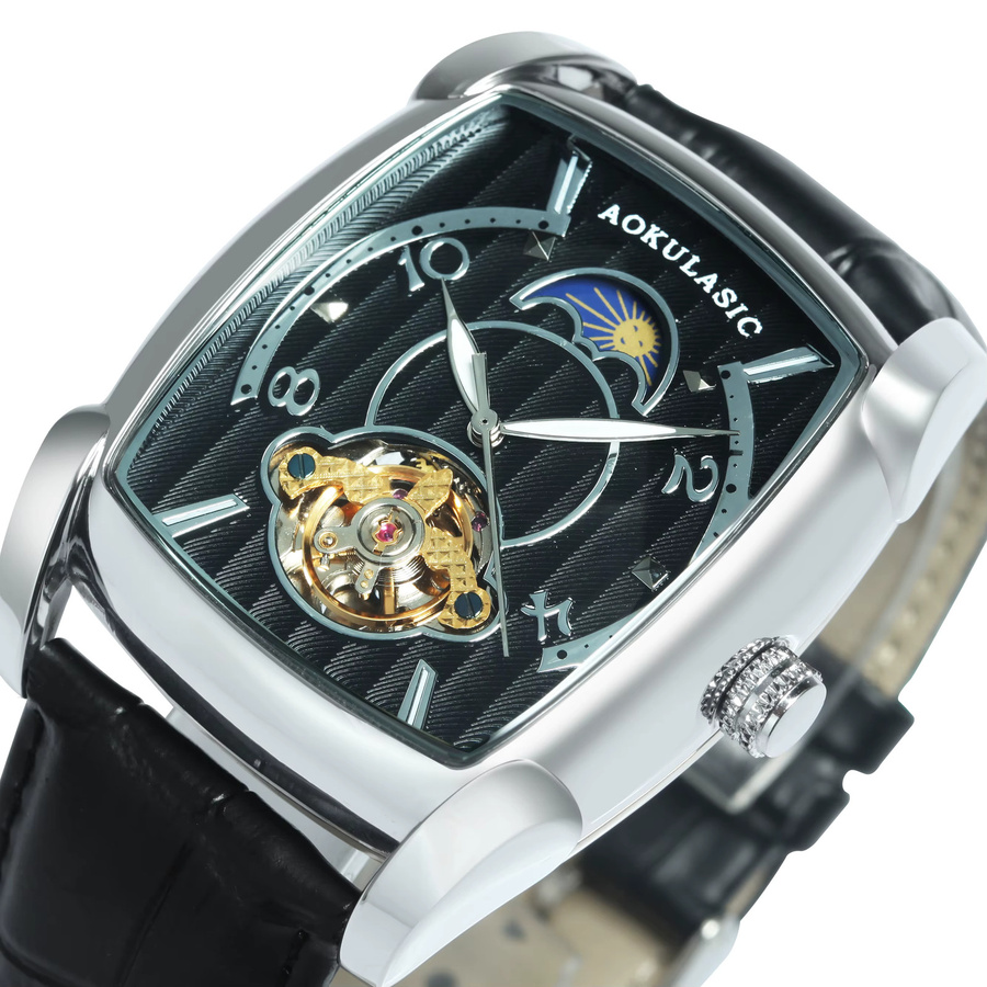 AOKULASIC Armbanduhr, Automatik, Skeleton, Leder, Herren, Schwarz, Silber - Bild 3