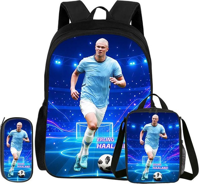 Fancy Style Studio Fußball Sport Rucksack Haaland 3-teiliges Set in Blau mit Federmäppchen und Brotdose - Bild 1