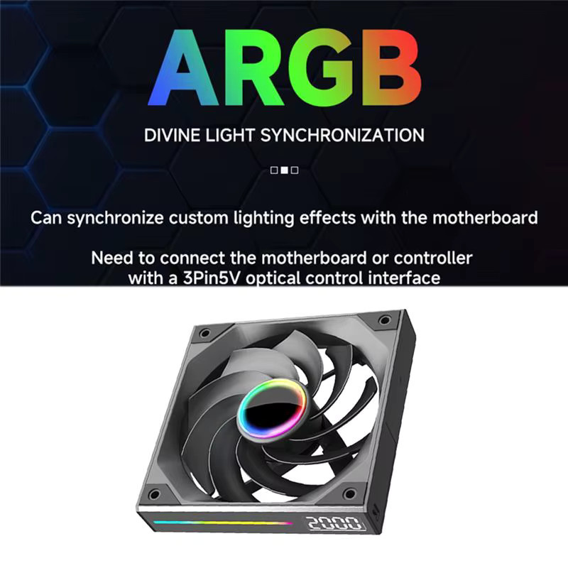 Geräuscharmer 120mm Gehäuselüfter mit Digital-Display, ARGB-Licht-Synchronisation und kabelloser Verbindung, 4PIN PWM, Schwarz - Bild 3