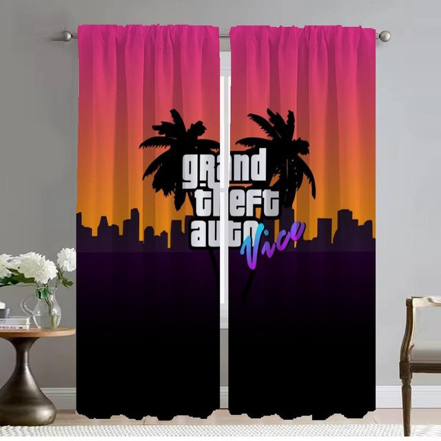 Elegante Tüll-Raumvorhänge GTA Vice City Design, 2er-Set, Mehrfarbig, Breite: 96 cm, Höhe: 213 cm - Bild 1