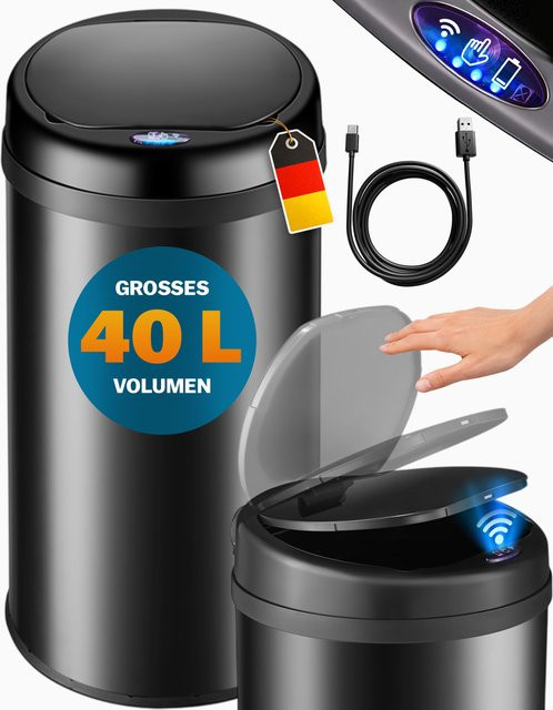 MONZANA Sensor Mülleimer aus Edelstahl in Schwarz, Volumen: 40 l, Höhe: 69 cm, Breite: 30 cm - Bild 1