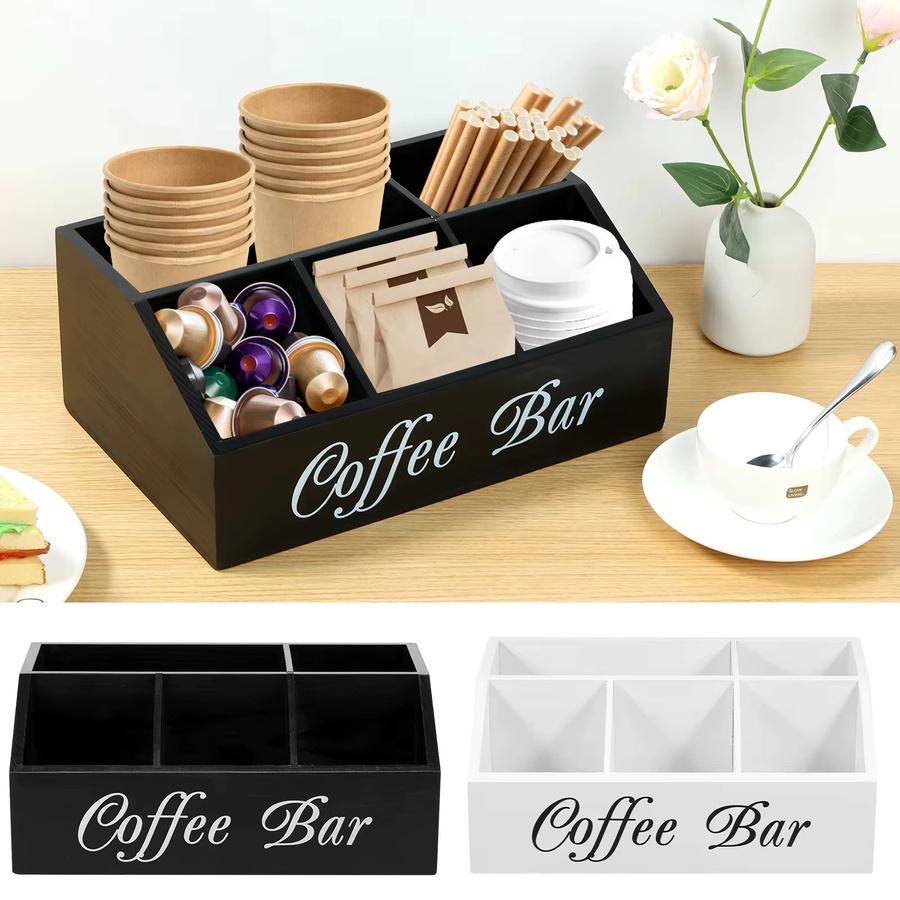 Rustikaler Kaffeestation Organizer aus Holz in Weiß für Kapseln und Tee auf der Theke - Bild 6