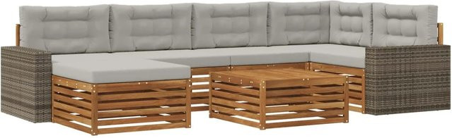 vidaXL Outdoor-Sofagarnitur in L-Form aus Akazienholz mit 7 Kissen, Farbe Natur und Hellgrau - Bild 1