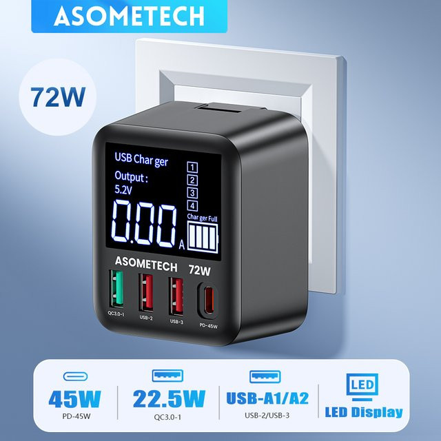 ASOMETECH 72 W GaN USB-Ladegerät in Schwarz mit 4 Ports und LED-Anzeige, unterstützt QC3.0, PD3.0 und PPS, inklusive USB-C Schnellladegerät für iPhone 16, iPad, Samsung und Xiaomi - Bild 1