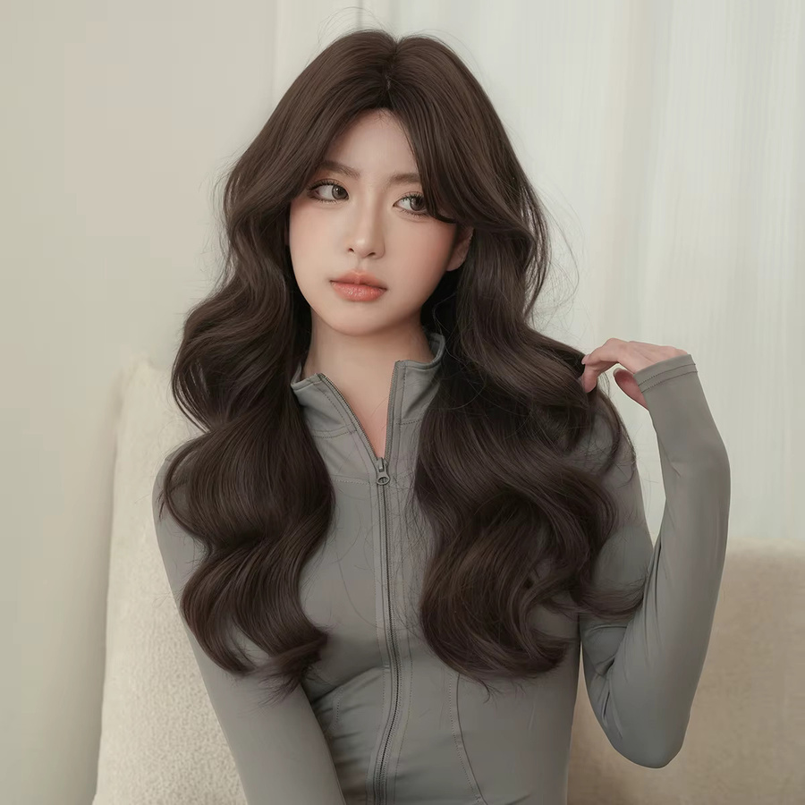 7JHH WIGS Perücke für Damen, lange gewellte dunkelbraune Haare, mit Mittelscheitel und Vorhangfransen - Bild 2