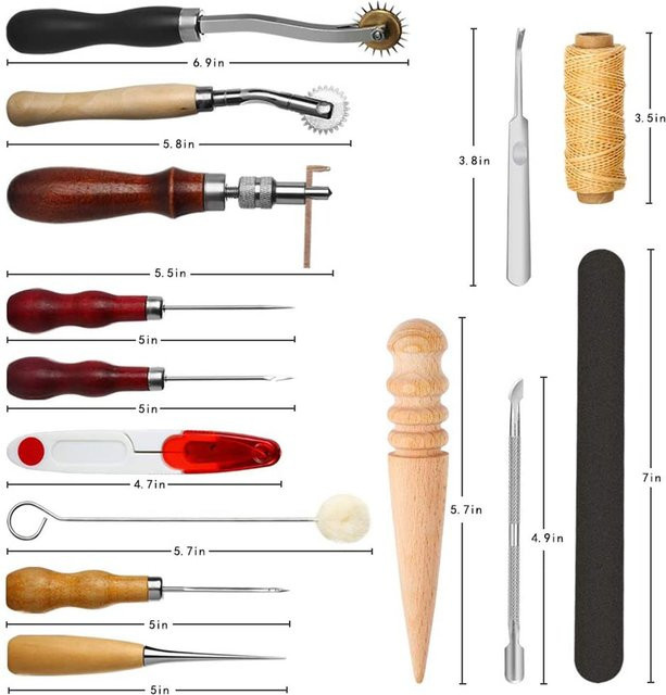 31-teiliges Leder-Nähwerkzeug Set für DIY-Lederhandwerk in Schwarz mit Groover-Ahle und gewachstem Fingerhut - Bild 1
