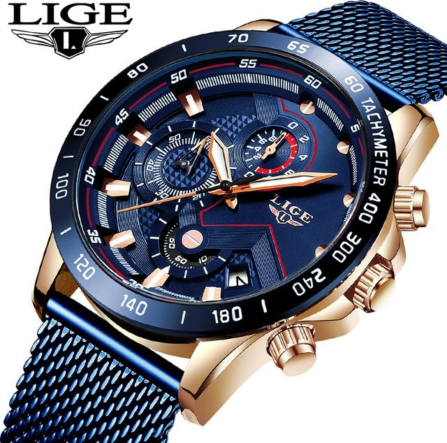 LIGE Chronograph Armbanduhr, Quarz, Edelstahl, Roségold, Blau, Herren - Bild 1