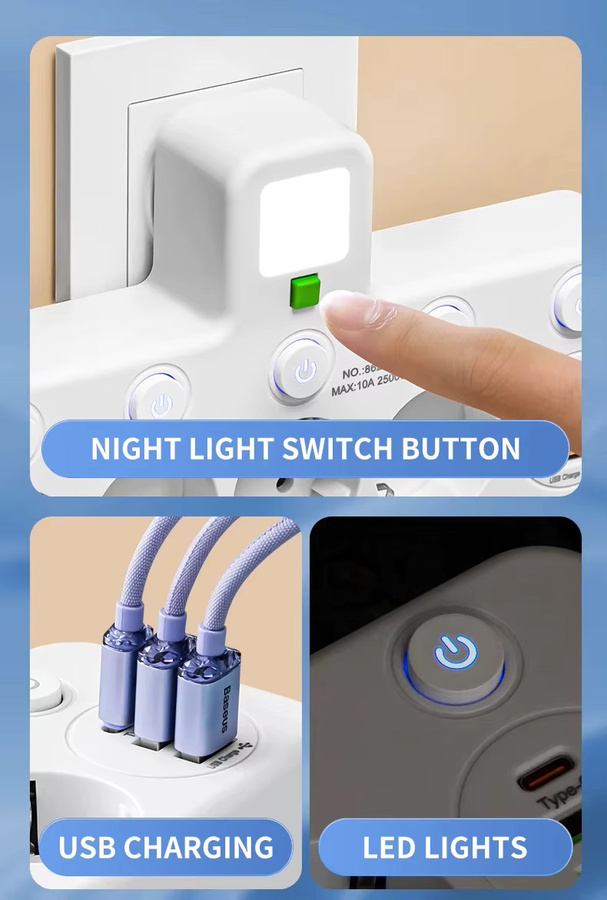 Szaoju Multitap Wandsteckdosenleiste mit 4 Steckdosen, 2 USB-Anschlüssen und 1 Typ-C-Anschluss, 2500 W Max. Stromversorgung, EU-Stecker - Bild 3