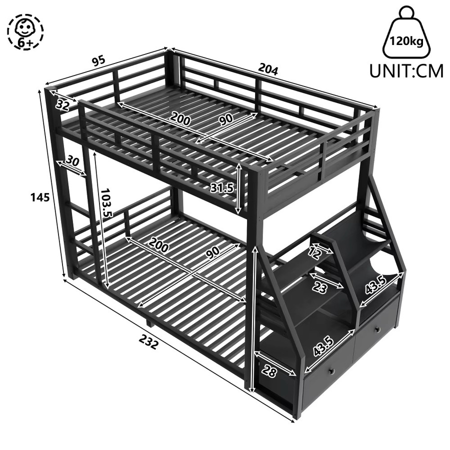 Multifunktionales Metall-Etagenbett für Kinder mit LED-Beleuchtung, 2 Stoffschubladen und Ablageflächen, robustes Bettgestell mit Sicherheitsgeländer und Leiter, B/T: 90 x 200 cm - Bild 5