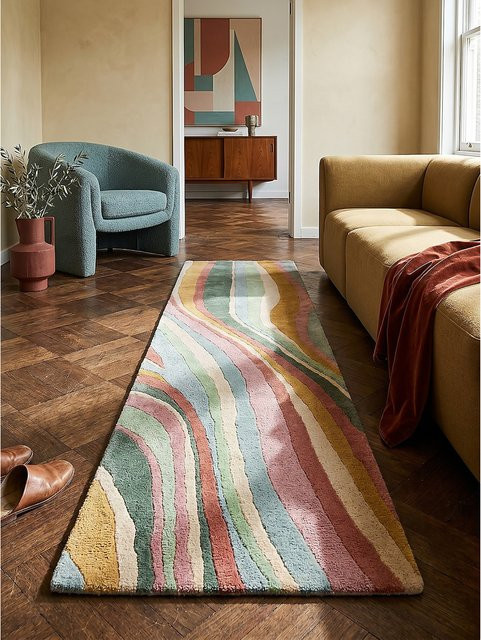 Abstrakt gestalteter Wollläufer DERWENT Kadima Design in Grün-Bunt, Breite: 60 cm, Länge: 230 cm - Bild 1