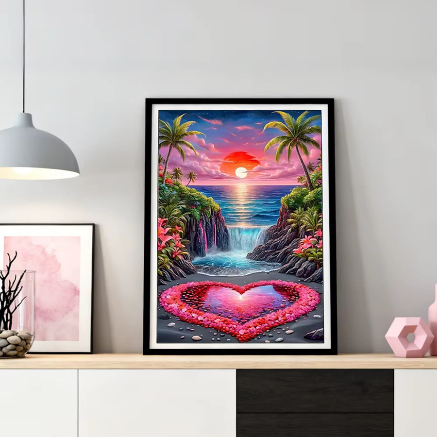 HUACAN Diamant-Stickerei Strandlandschaft mit Herz-Motiv in Multicolour, B/H: 30,0 x 20,0 cm - Bild 2
