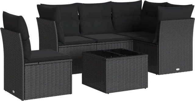 vidaXL 6-tlg Garten-Sofagarnitur in L-Form mit Kissen und Couchtisch, Schwarz, Poly Rattan und Metallrahmen - Bild 1