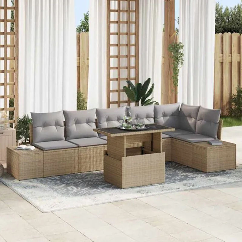 7-teiliges Polyrattan Garten-Sofa-Set von Vidaxl in Beige und Grau mit Loungemöbeln, B/T/H: 100 x 55 x 73 cm - Bild 1
