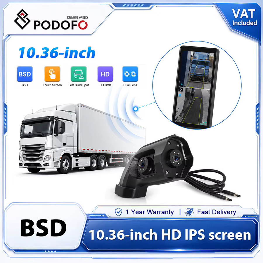 Podofo Elektronisches Rückspiegelsystem für LKW mit 10,36 Zoll HD 1080P IPS Touchscreen DVR-Recorder, Dual-Kamera, BSD Totwinkel-Erkennung und Nachtsicht, Schwarz - Bild 2