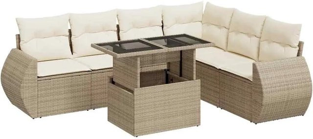 vidaXL 7-teilige Garten-Sofagarnitur in L-Form mit Kissen und Couchtisch, Beige, Poly-Rattan und Metallgestell - Bild 1