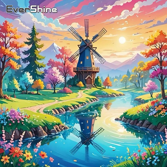 Evershine Diamantmalerei Set Landschaft mit Windmühle und Fluss als Mosaik-Stickerei für Kinder, B/B: 20 x 20 cm - Bild 1