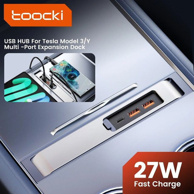 Toocki USB-C Hub Docking Station mit 27W PD Schnellladefunktion für Tesla Model 3 und Model Y, 3 Ports, Farbe: Silber - Bild 1