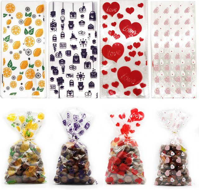 50 Stück transparente Plastik-Geschenkbeutel mit Herz- und Zitronenmuster für DIY-Anlässe wie Hochzeit, Geburtstag, Weihnachten oder Halloween - Bild 1
