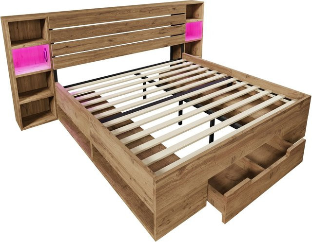 Merax Massivholzbett mit Stauraum und LED-Beleuchtung sowie USB-Anschluss, Farbe Eiche Braun, B/T/H: 180 x 200 x 90 cm - Bild 1