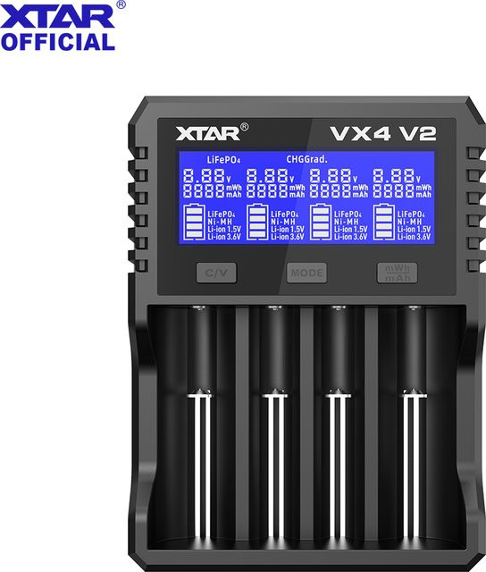 XTAR VX4 V2 Akku-Ladegerät in Schwarz mit 20W Schnellladefunktion und Akku-Kapazitätstester für 18650, AA, AAA, Li-Ion, LiFePO4 und Ni-MH Batterien - Bild 1