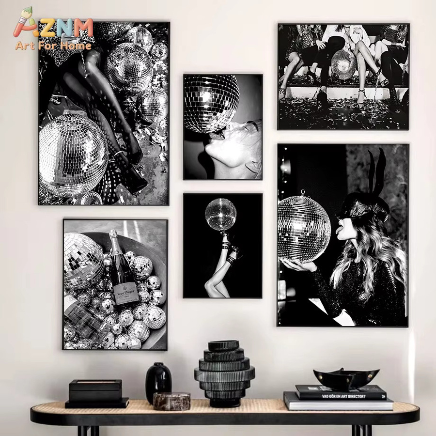 AZNM Disco-Kugel Leinwand-Wandkunst Schwarz-Weiß, Retro Abstract Geometric Party-Druck für Bar und Heimdekoration - Bild 2