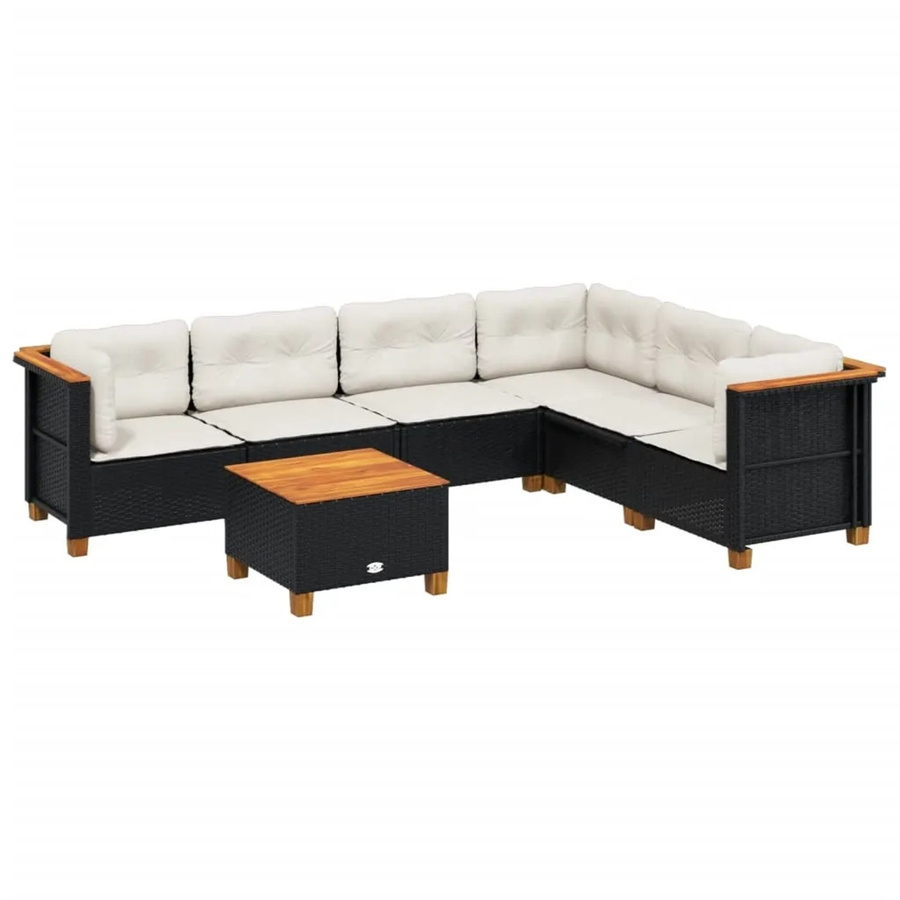 vidaXL 7-tlg Garten-Sofagarnitur aus Poly-Rattan und Akazienholz in Schwarz mit cremeweißen Kissen Modell 262 - Bild 2