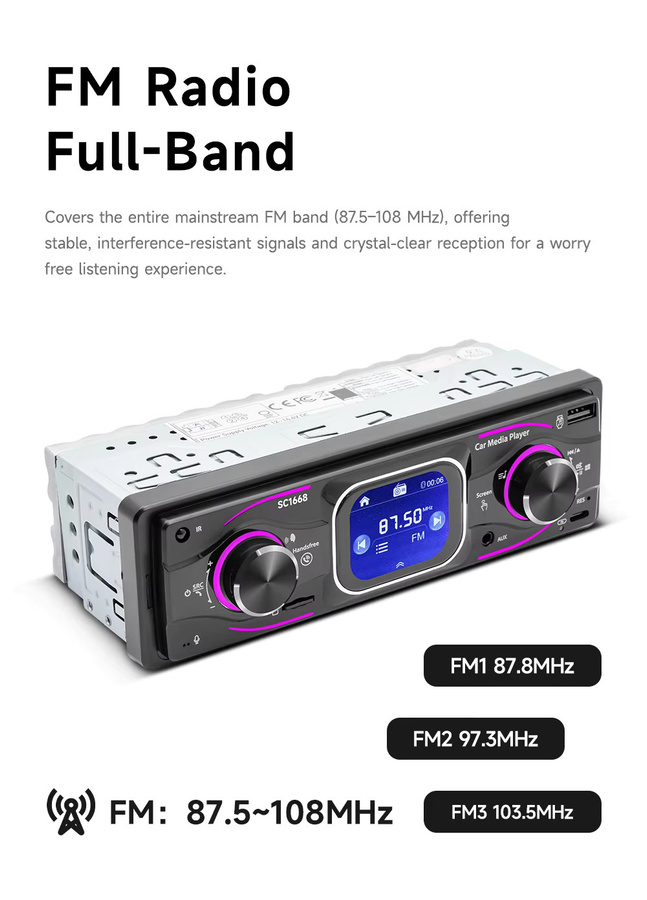 BQCC 1DIN Auto-MP3-Player mit Bluetooth, FM-Radio, AUX-Eingang, TF-Karte und Typ-C-Ladung in Schwarz mit 7-Farben-Ambientebeleuchtung - Bild 3