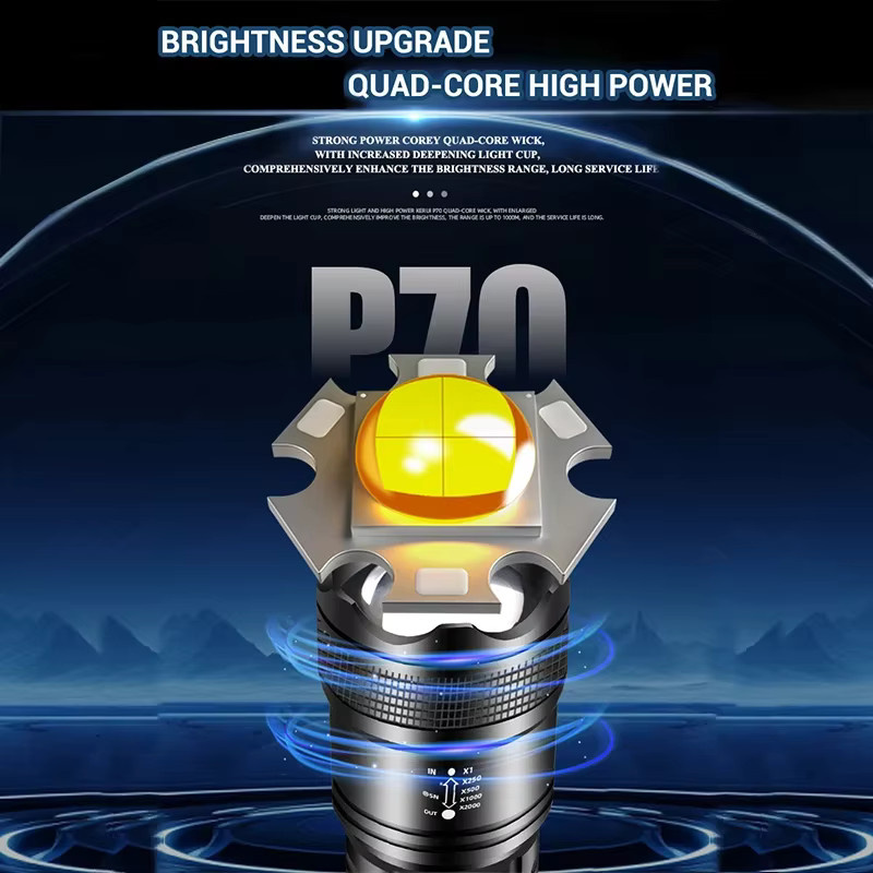 XIWANGFIRE Taktische LED-Taschenlampe mit XHP70-LED, 5000 lm, Schwarz, mit wiederaufladbarem 18650-Akku und Teleskop-Zoom - Bild 2