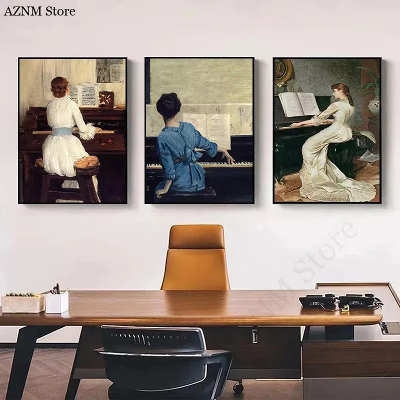 Potdemiel Vintage Leinwand Poster Mädchen am Spielklavier Mehrfarbig Wandkunst Bild ohne Rahmen - Bild 3