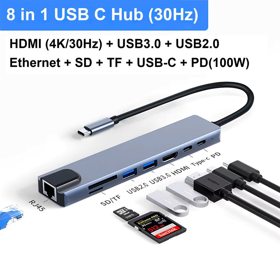 8-in-1 USB-C Hub Multi-Terminal-Adapter in Grau mit 4K HDMI, USB 3.0, USB 2.0 sowie SD/TF-Kartenleser für MacBook, Pro und iPad Pro - Bild 3